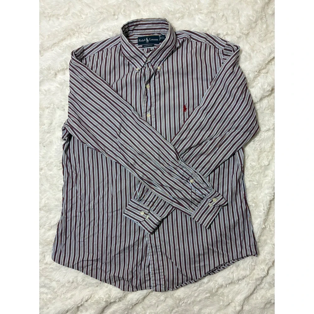 Polo Ralph Lauren Mens Custom Fit Striped Button Down Shirt Blue Red L 16.5
